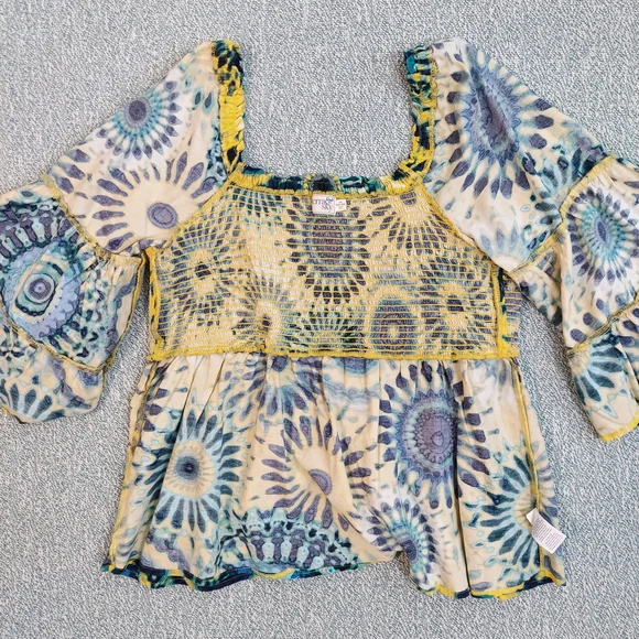 Terra & Sky Floral Blouse, Blue & Yellow Tie Dye, Womens Sz XL - Picture 8 of 9